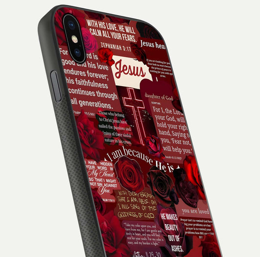 Jesus Love Heals Glass Case for iPhone Xs close-up angled shot showing healing text, cross detailing, and reflection