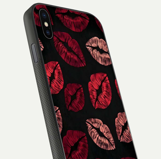 Midnight Kiss Love Glass Case for iPhone Xs close-up angle highlighting red accents and reflection shine