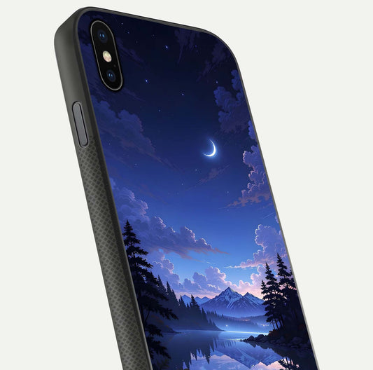 Midnight Lake Peace Glass Case for iPhone Xs close-up angled shot showing blue night tones and reflection