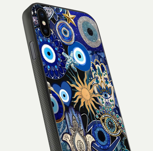 Mystic Blue Evil Eye Glass Case for iPhone Xs close-up angled shot highlighting mystical glow and HD reflection