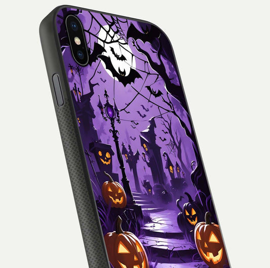 Pumpkin Patch Halloween Glass Case for iPhone Xs close-up angled shot highlighting pumpkin texture and shine