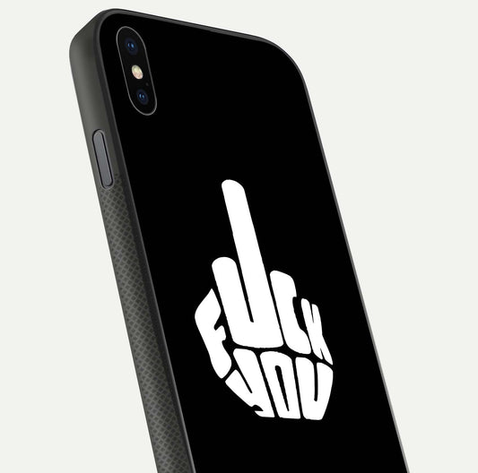 Rebel Mode On Glass Case for iPhone Xs close-up angled shot highlighting reflective text and sharp design