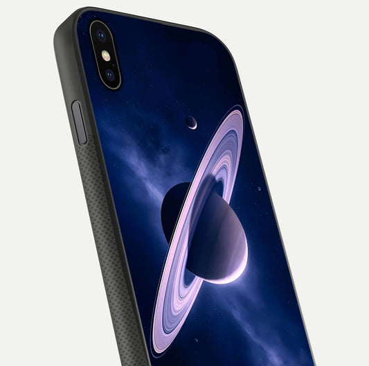 Saturn Ring Mystique Glass Case for iPhone Xs close-up angled shot highlighting ring detail and HD reflection