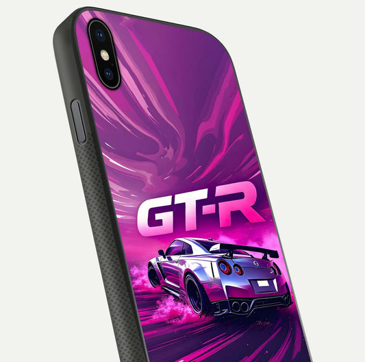 Speed Drift Legend Glass Case for iPhone Xs close-up angled shot highlighting speed lines and reflection