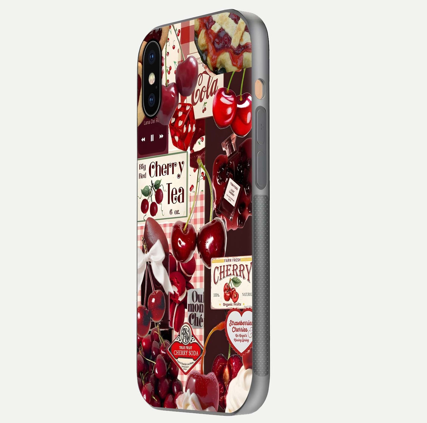 Aesthetic Cherry Tea Glass Case for iPhone Xs side-angle image showing cherry collage print, camera module, and glossy finish reflection