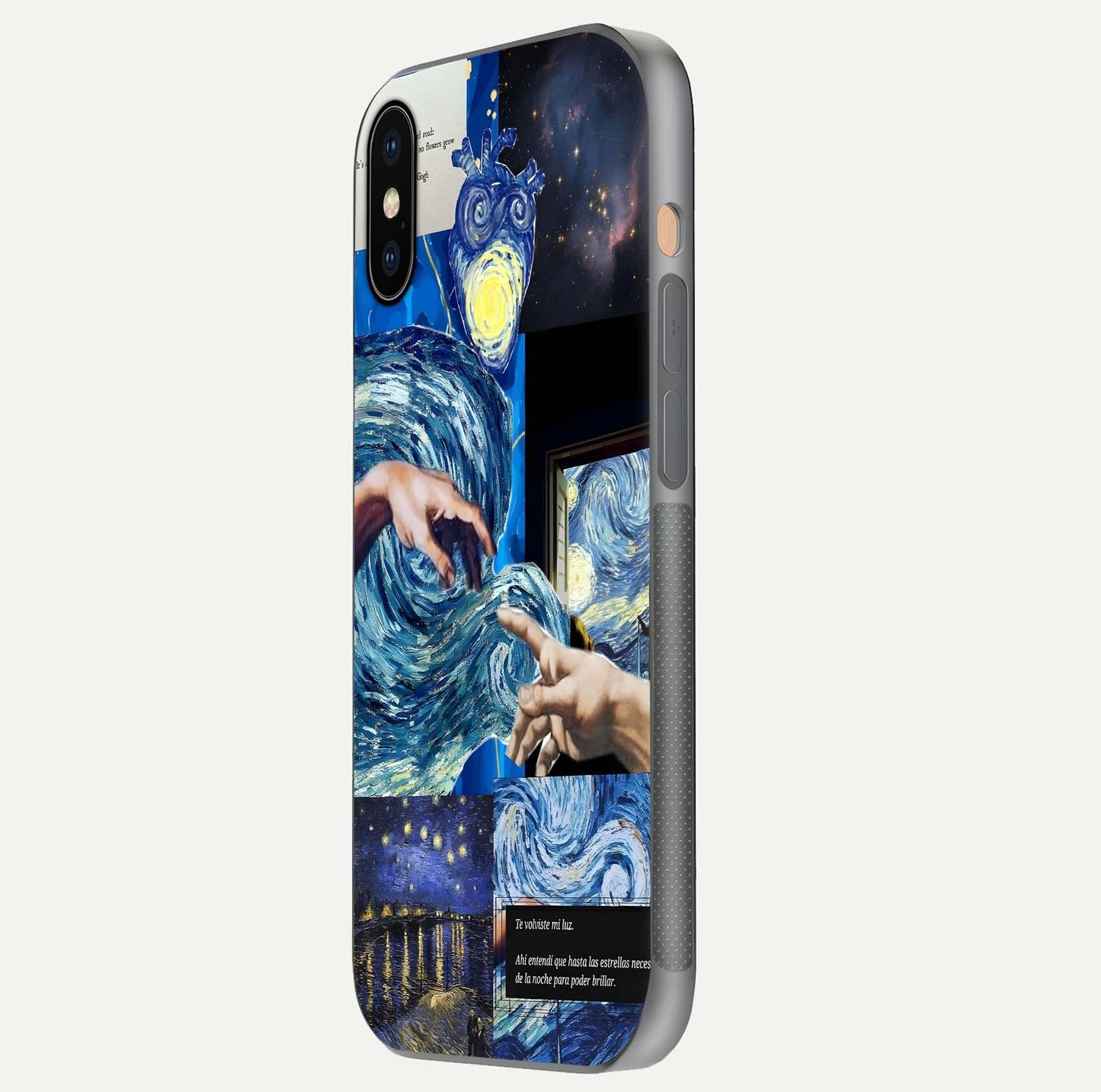 Aesthetic Vando Hands Glass Case for iPhone 16 Pro side-angle image showcasing hand design, protective edges, and gloss texture