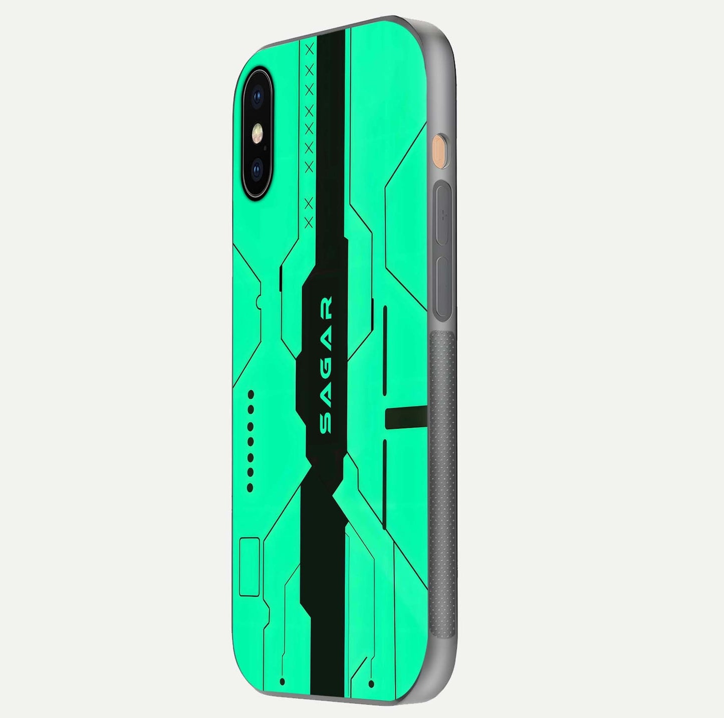 Aqua Tech CYBERPUNK Custom Name Glass Case for iPhone 16 Pro side-angle image with glowing edges and glossy surface