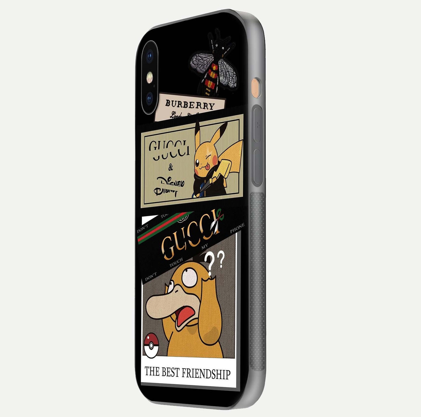 Cartoon Brand Play Mashup Glass Case for iPhone Xs side-angle image showing reflection brightness and fun graphic mix
