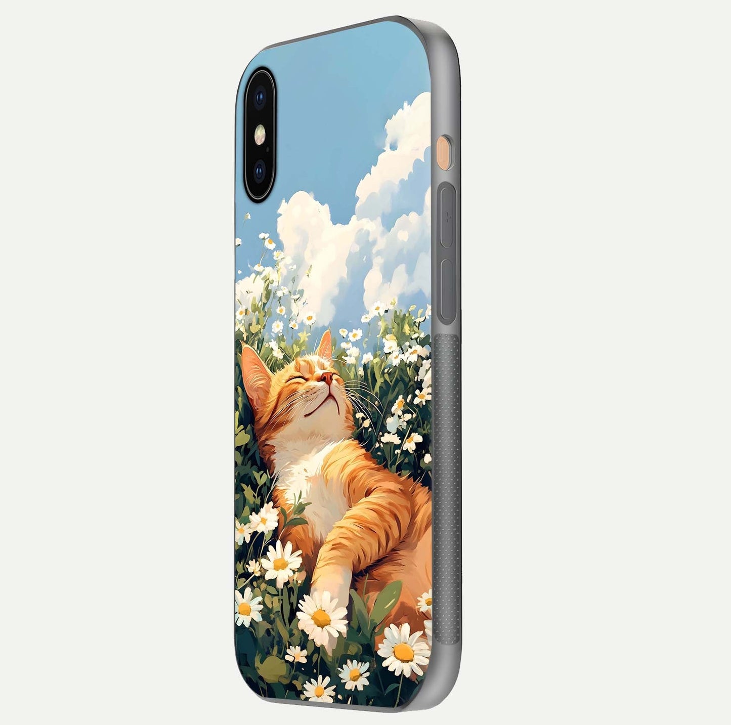 Cat & Flowers View Glass Case for iPhone Xs side-angle image capturing cat print clarity and gloss tone
