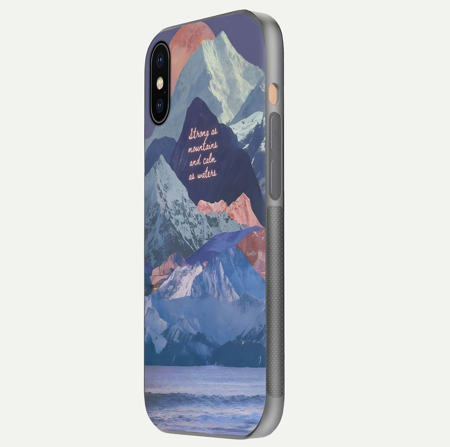Celestial Mountain Calm Glass Case for iPhone Xs side-angle image capturing mountain detail and shine gradient
