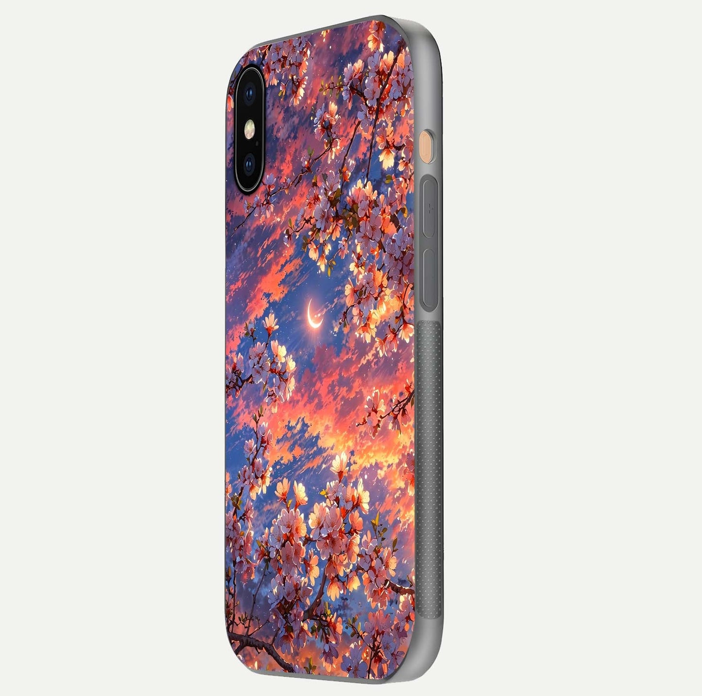 Celestial Sakura Sunset Glass Case for iPhone Xs side-angle image showing edge glow and petal texture