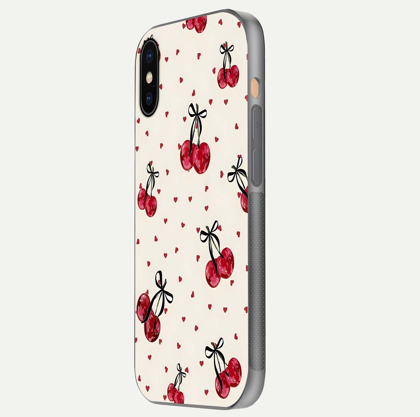 Cherry Heart Bow Glass Case for iPhone Xs side-angle image capturing gloss texture and charm bow art