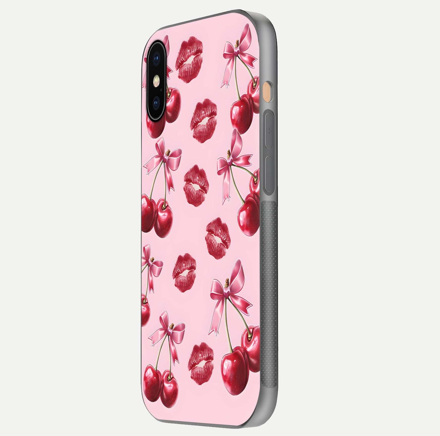 Cherry With Lips Glass Case for iPhone Xs side-angle image showing gloss reflection and fine details