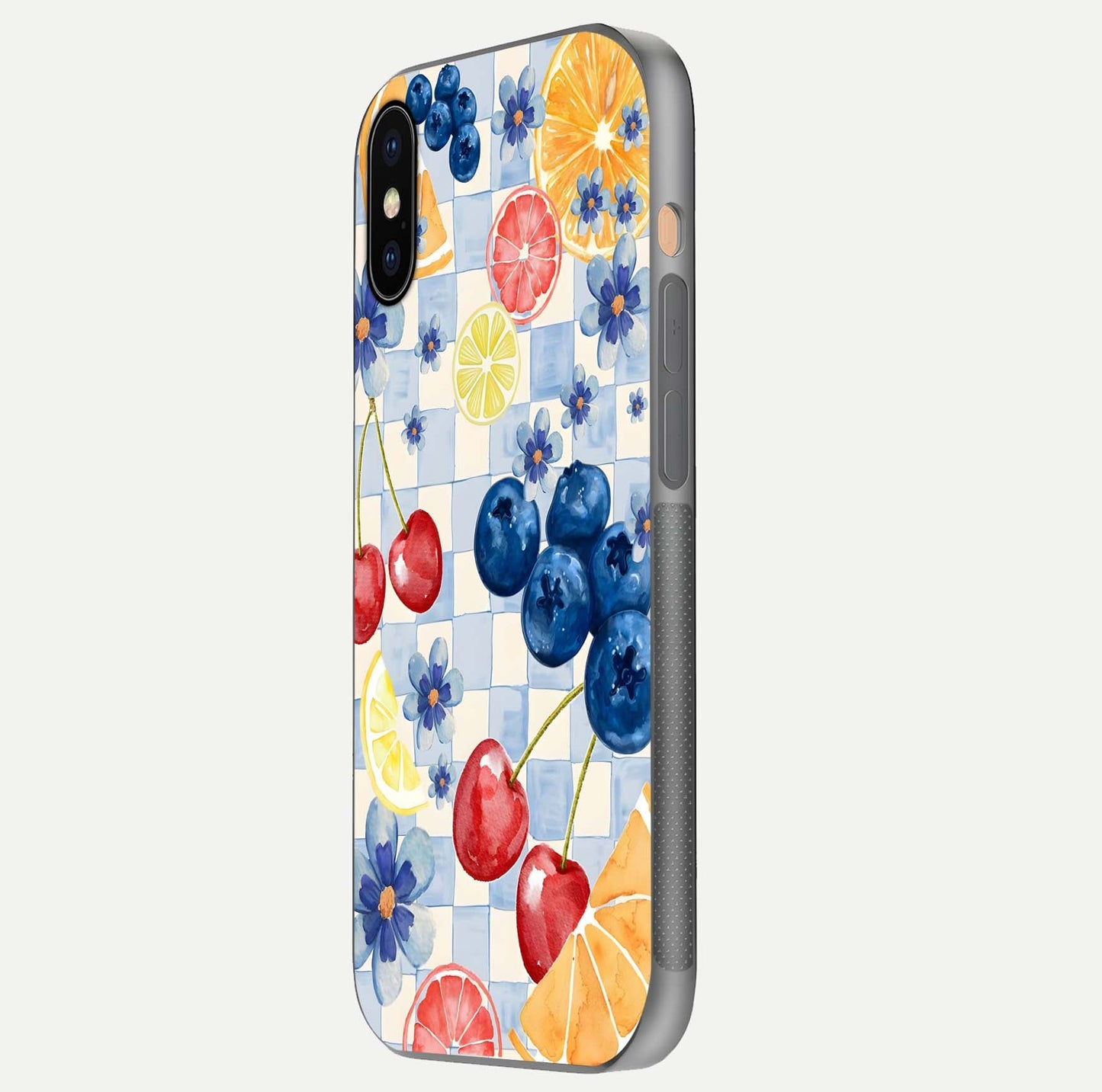 Citrus Bloom Joy Glass Case for iPhone Xs side-angle photo capturing bright color and glass reflection