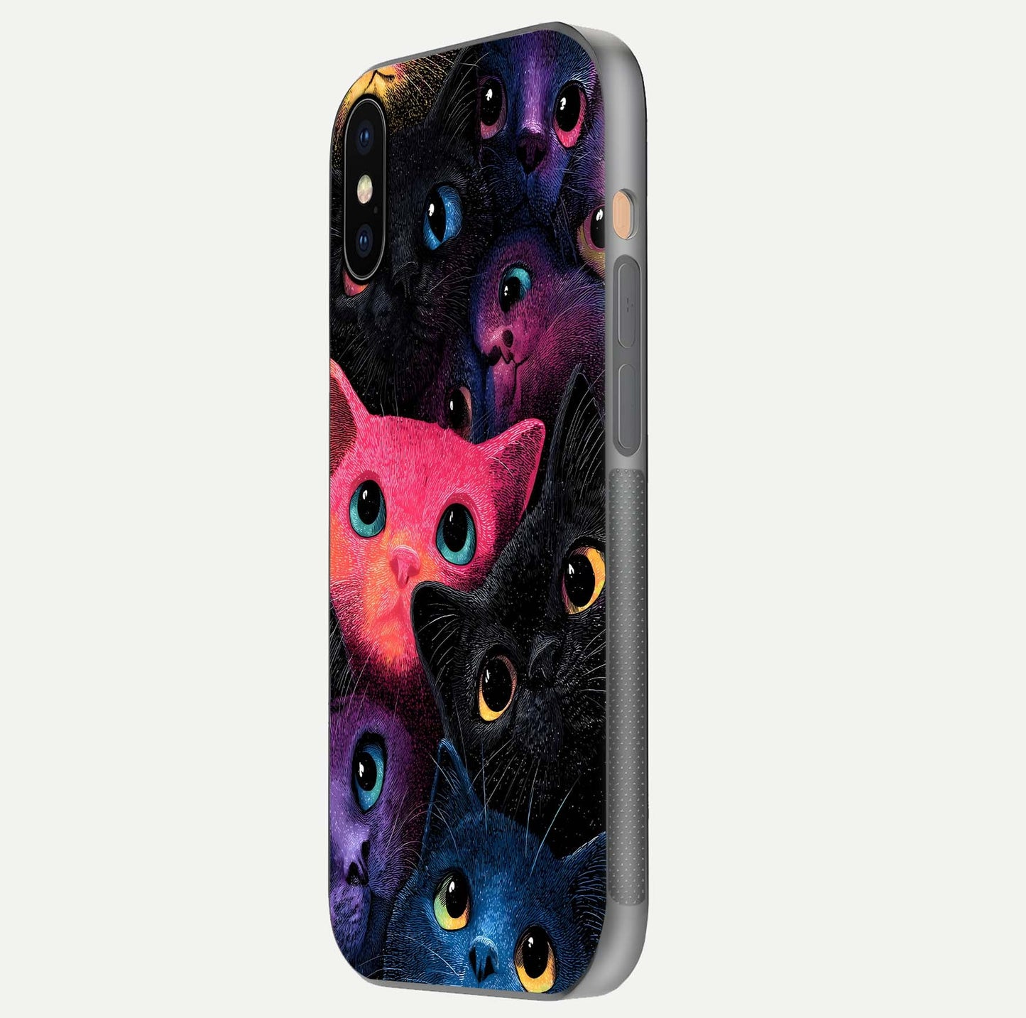 Cosmic Cats Dreams Glass Case for iPhone Xs side-angle photo showing edge gloss and color depth