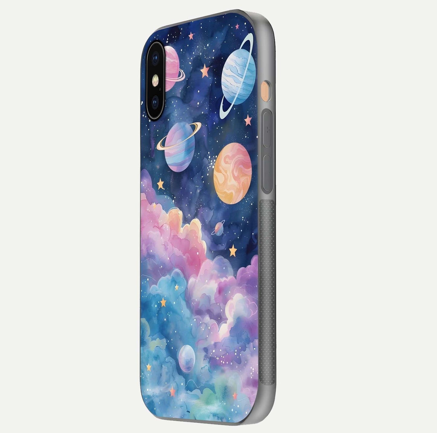 Cosmic Planet Dreams Glass Case for iPhone Xs side-angle image showing texture clarity and shine