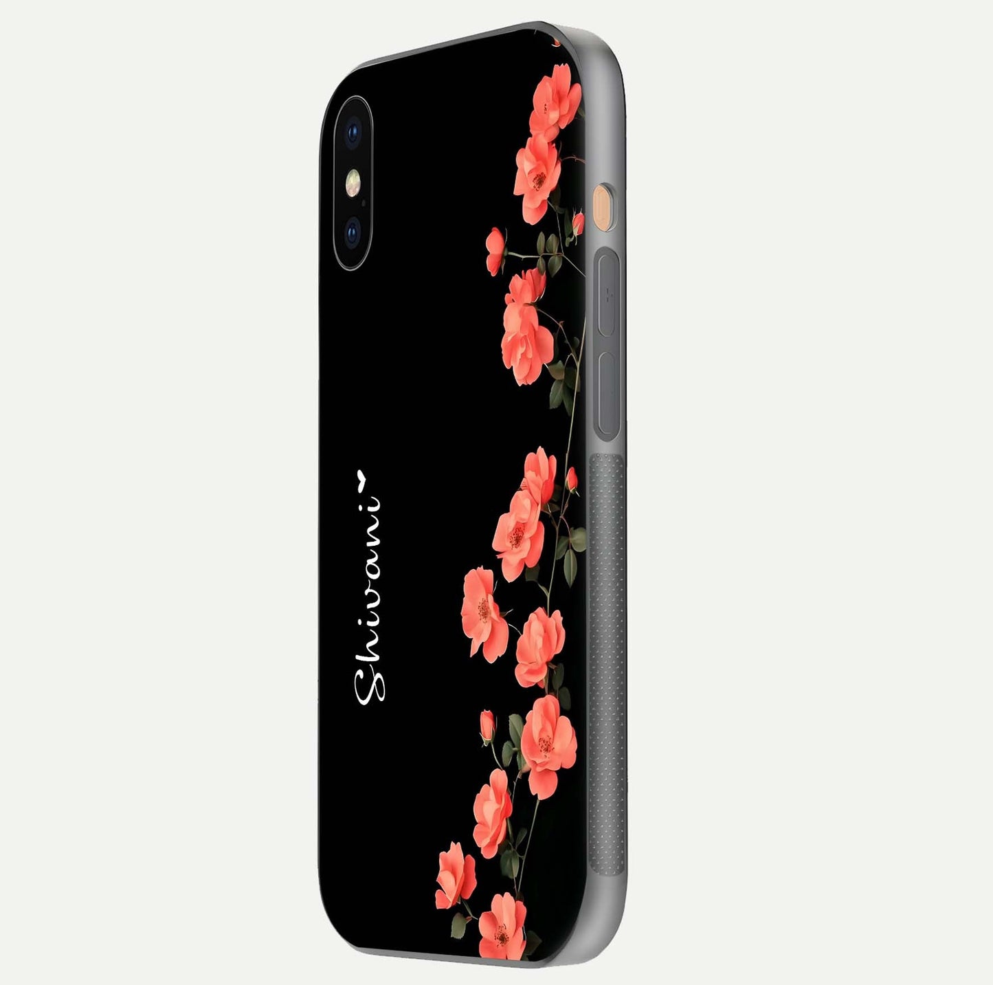 Crimson Bloom Grace Custom Name Glass Case for iPhone Xs side-angle photo capturing edge glow and name clarity