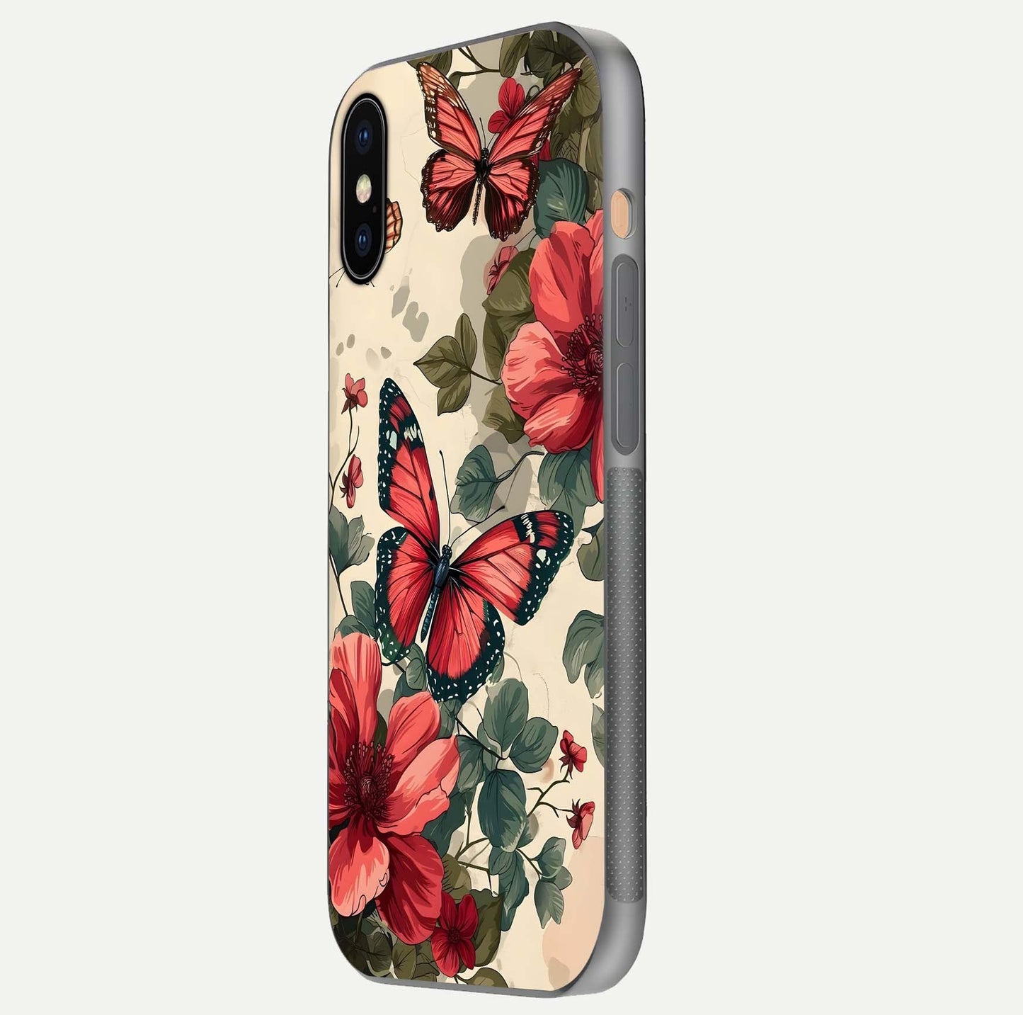 Crimson Butterfly Garden Glass Case for iPhone Xs side-angle photo capturing gloss texture and soft tone