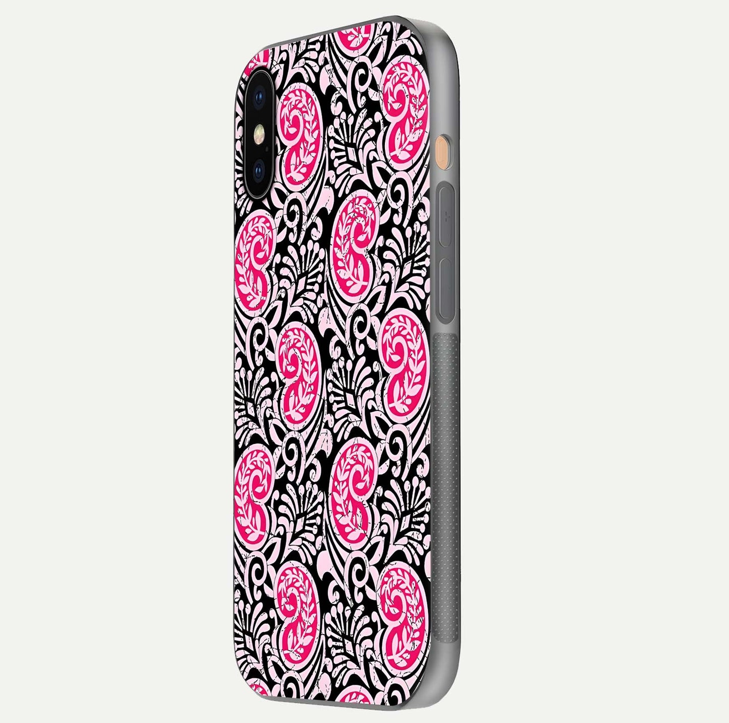Crimson Paisley Charm Glass Case for iPhone Xs side-angle image showing reflection and smooth edges