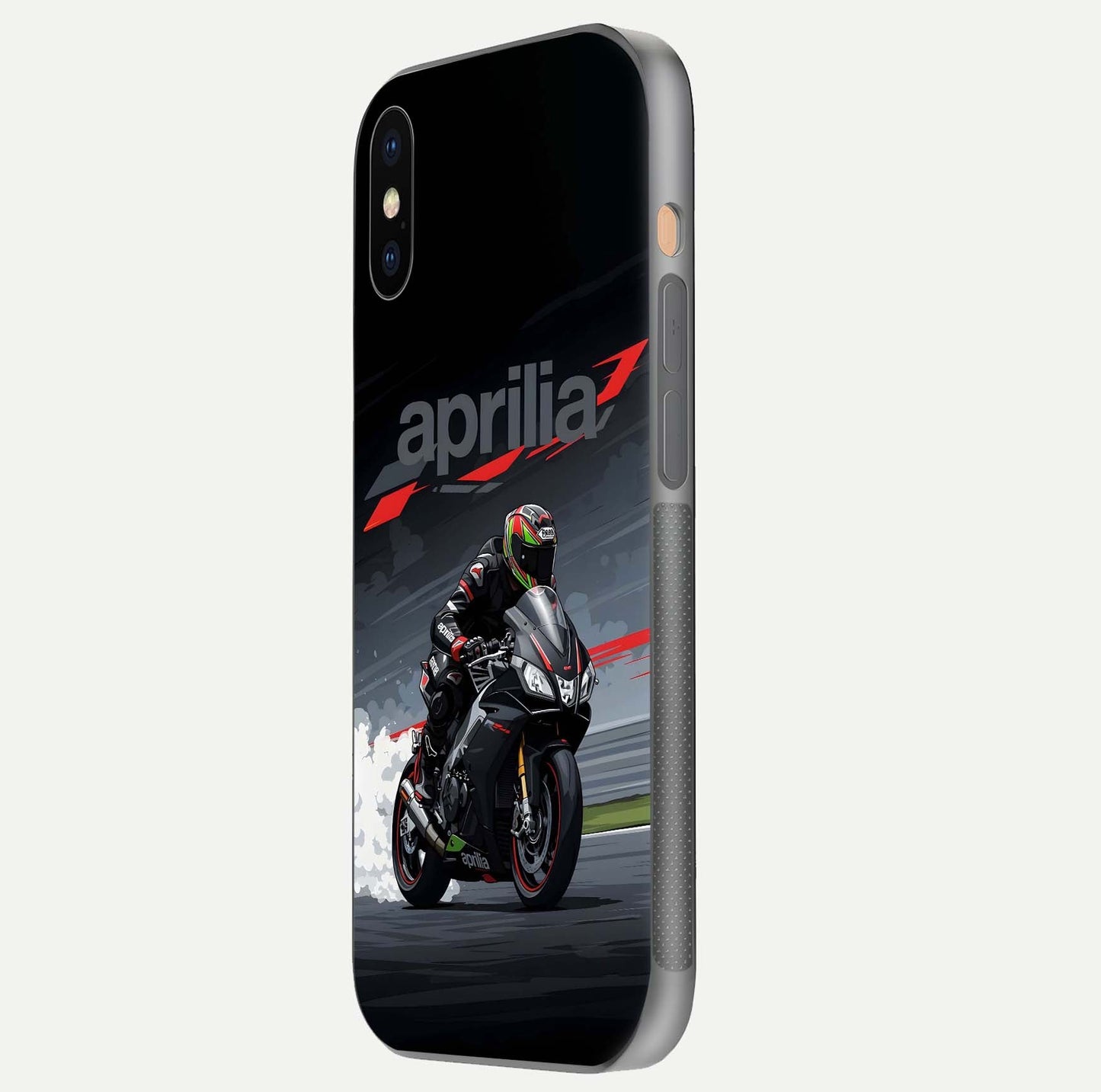 Dark Aprilla Glass Case for iPhone Xs side-angle photo showing reflection gloss and curved edge finish
