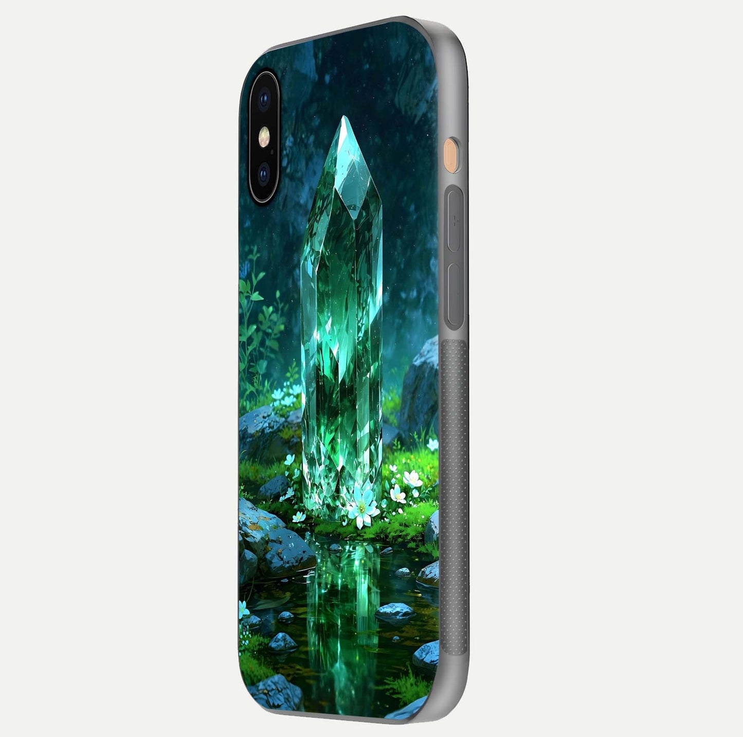 Emerald Light Crystal Glass Case for iPhone Xs side-angle image showing gloss reflection and curved border