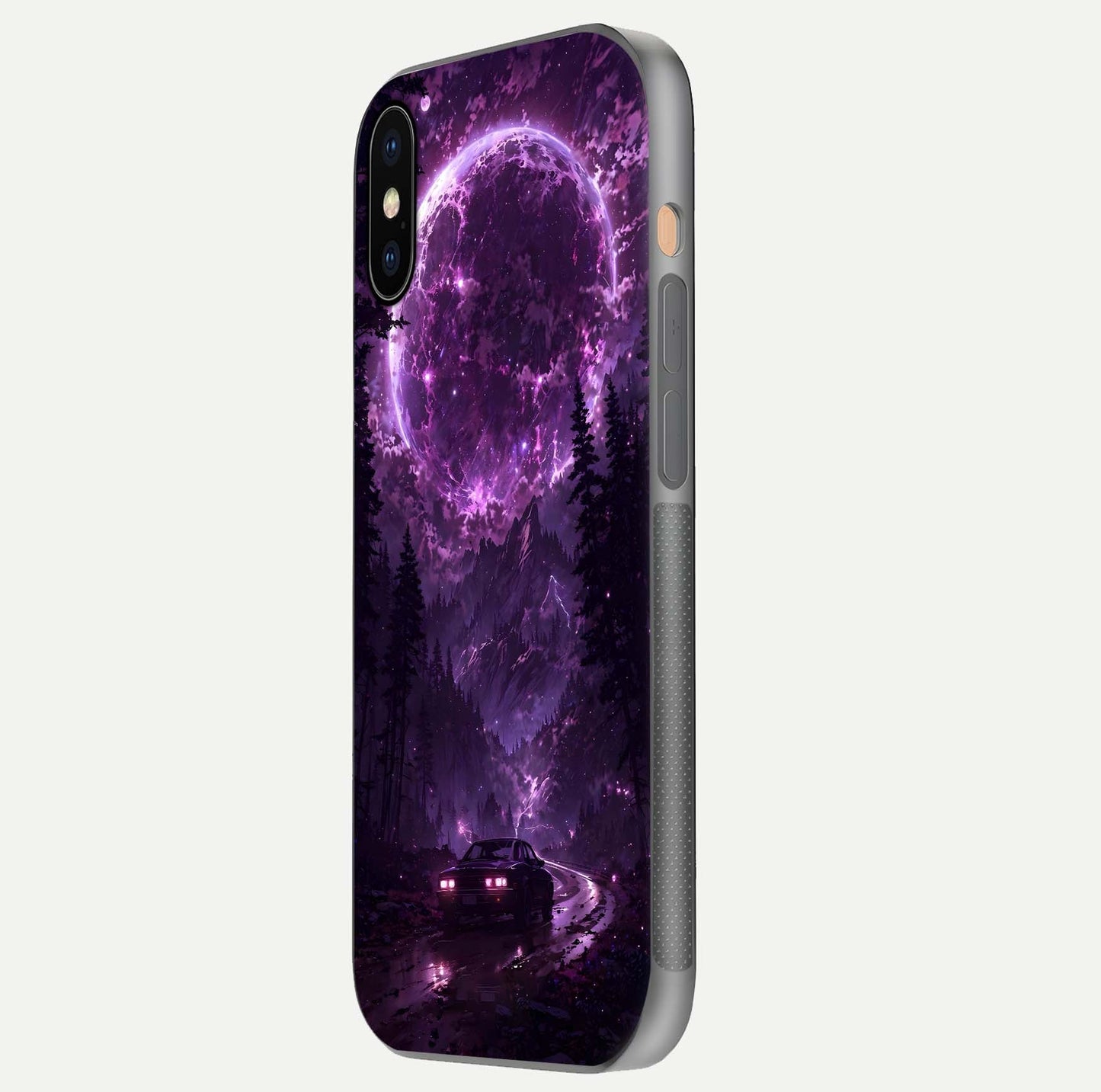 Eternal Cosmic Drive Glass Case for iPhone Xs side-angle image showing reflection texture and color contrast