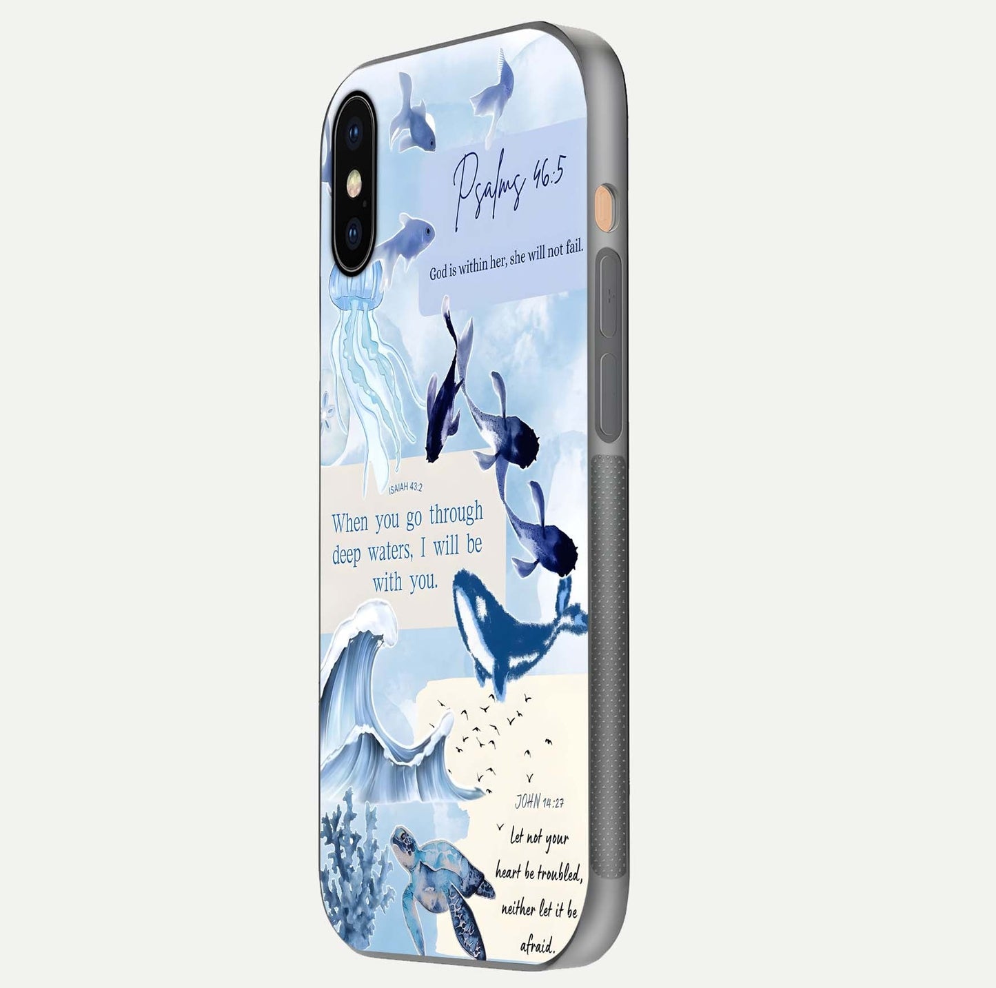 Faithful Ocean Promise Glass Case for iPhone Xs side-angle photo showing reflection glow and color clarity