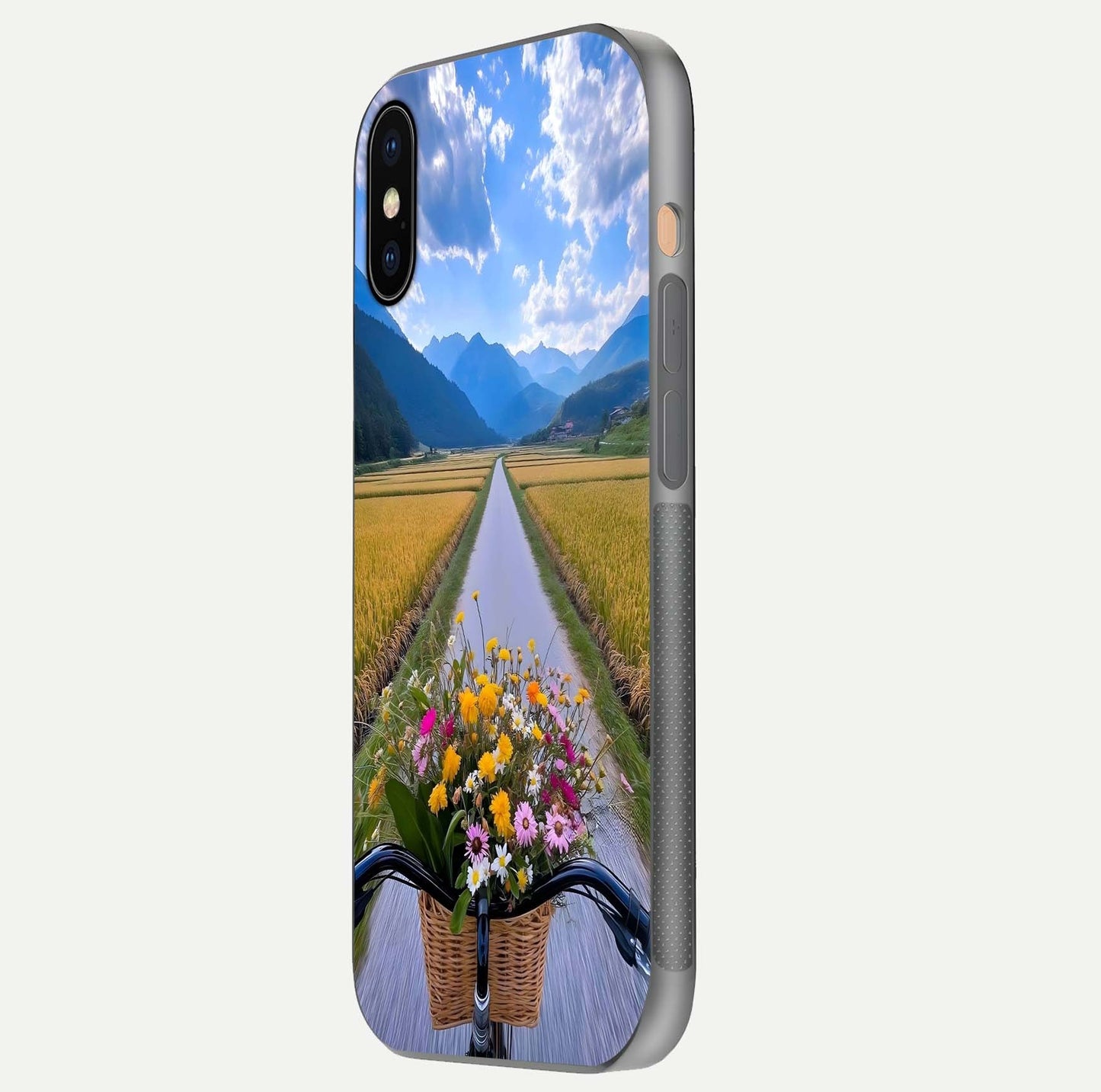 Golden Field Journey Glass Case for iPhone Xs side-angle image showing golden glow, reflection shine, and curved edge