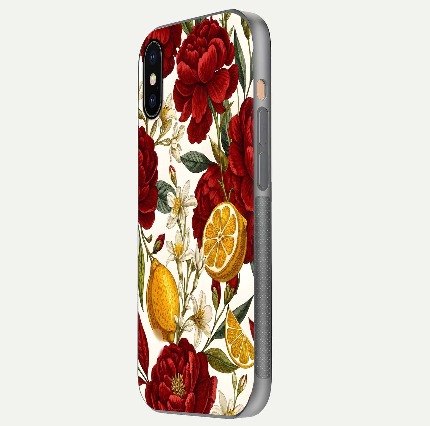 Lemon Rose Charm Glass Case for iPhone Xs side-angle image revealing reflection depth and vibrant flower art