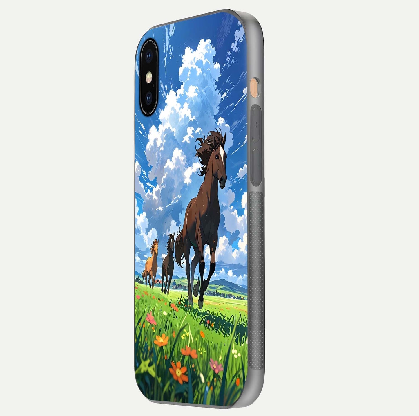 Majestic Horses Galloping Glass Case for iPhone Xs side-angle shot emphasizing reflection and running artwork