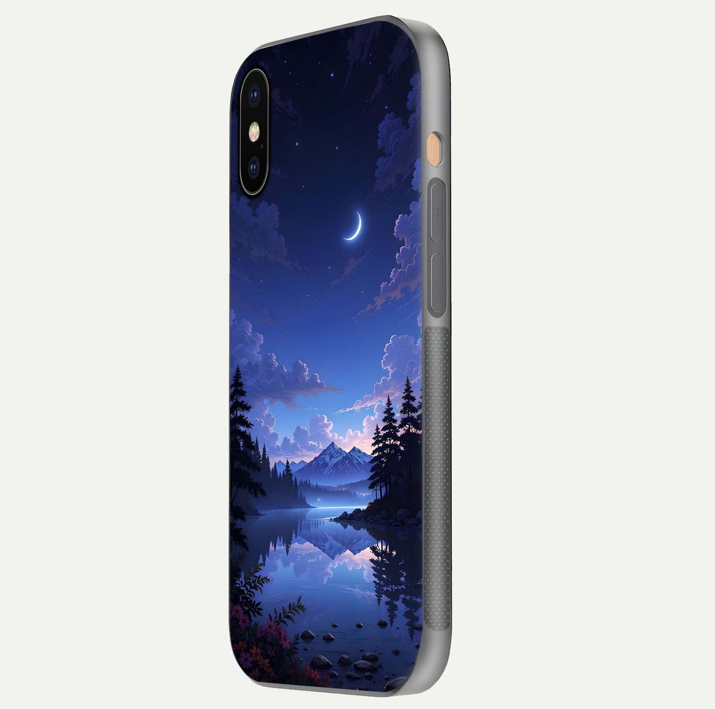 Midnight Lake Peace Glass Case for iPhone Xs side-angle image showing HD shine and tranquil color tones