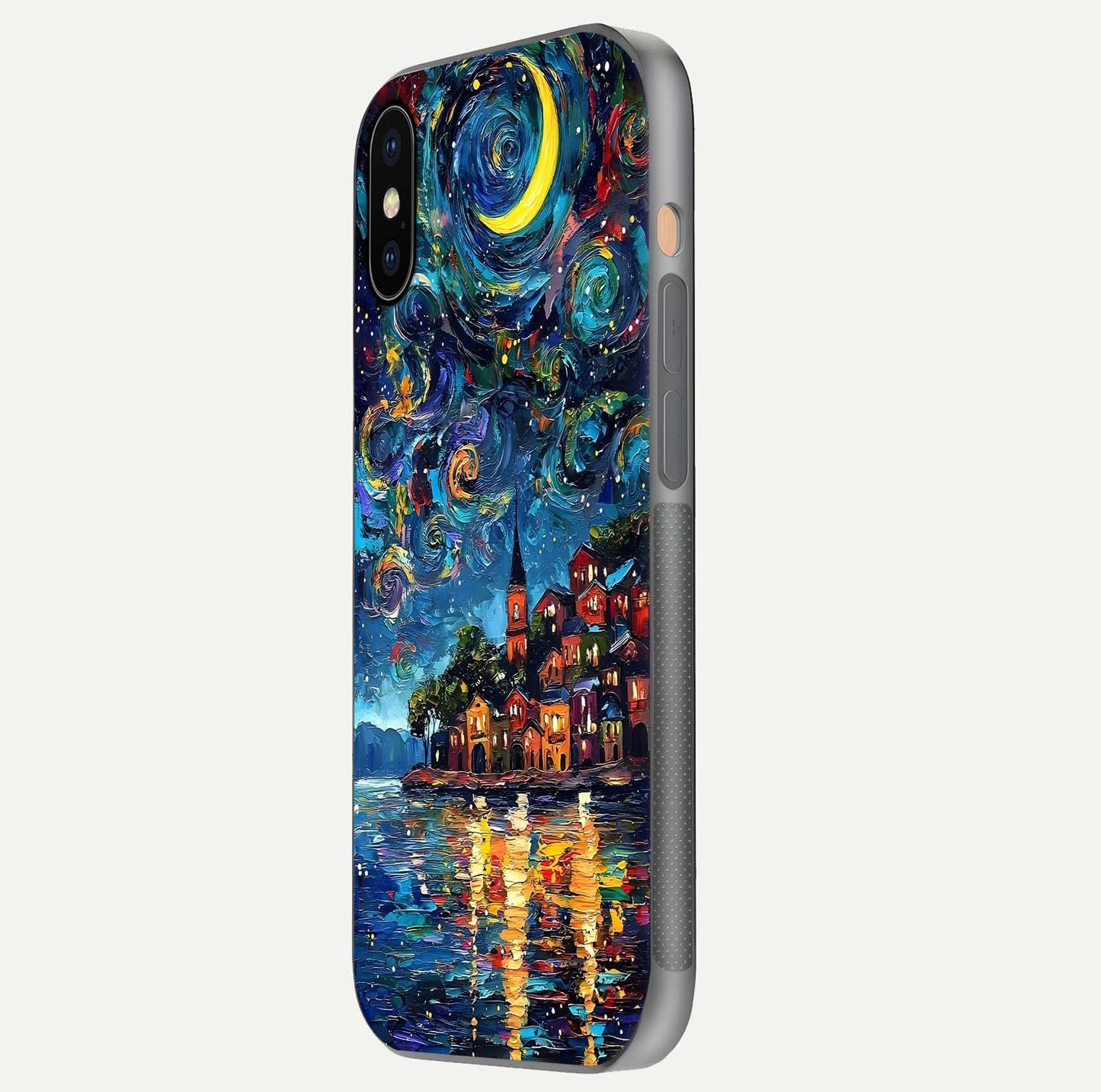 Moonlight Harbor Glow Glass Case for iPhone Xs side-angle image showing reflective surface and ocean tones
