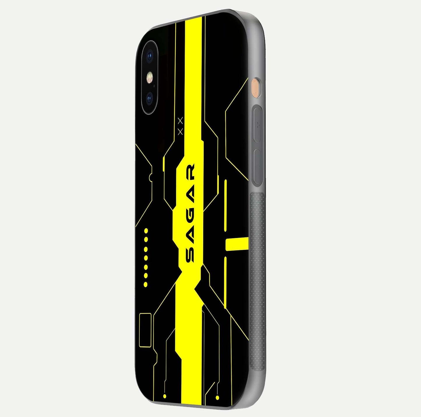 Neon CYBERPUNK Custom Name Glass Case for iPhone Xs side-angle image showing glow depth and bold print