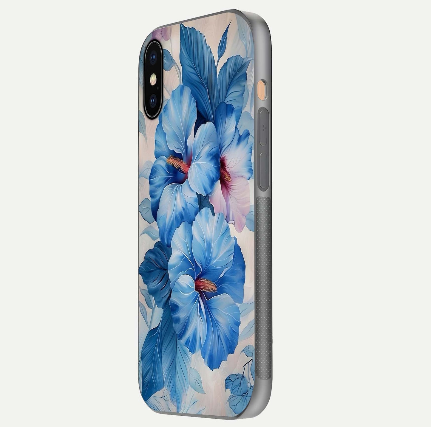 Ocean Hibiscus Grace Glass Case for iPhone Xs side-angle image showing smooth texture and hibiscus details