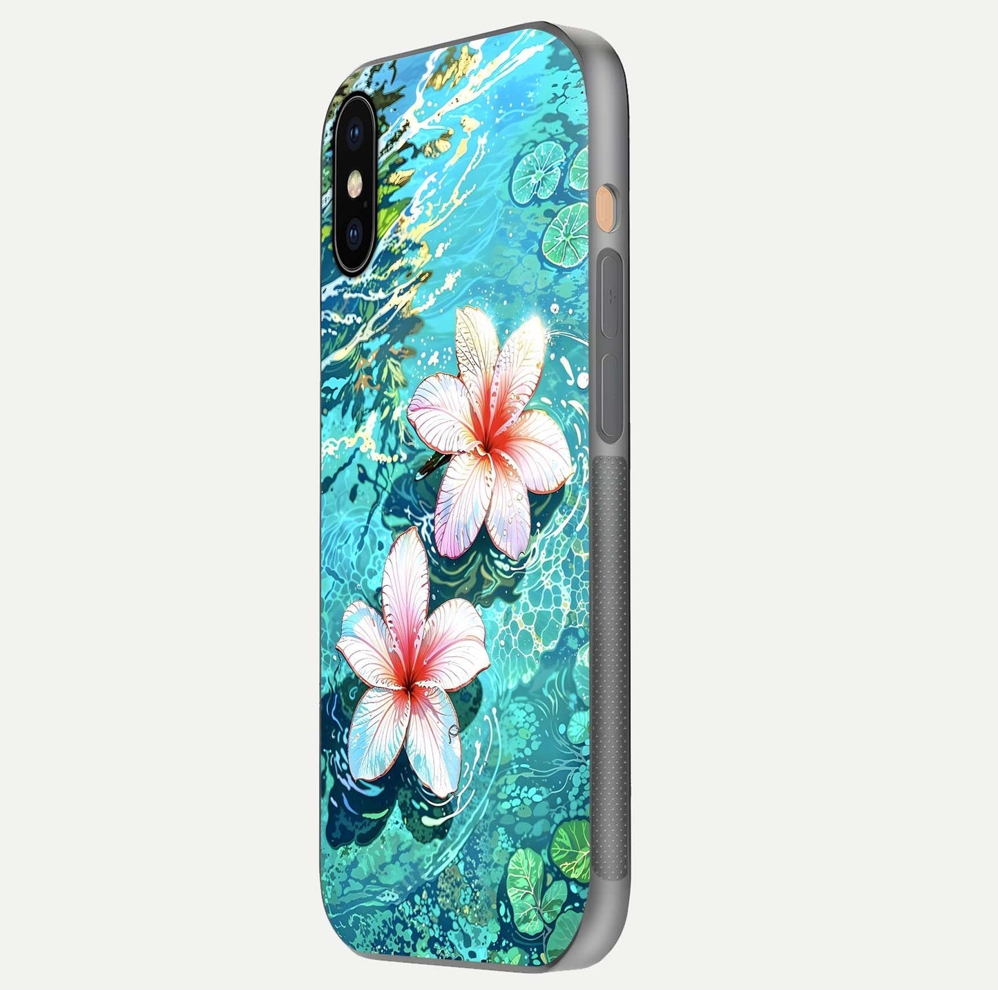 Pink Flowers in Water Glass Case for iPhone Xs side-angle image showing reflection and depth of detail