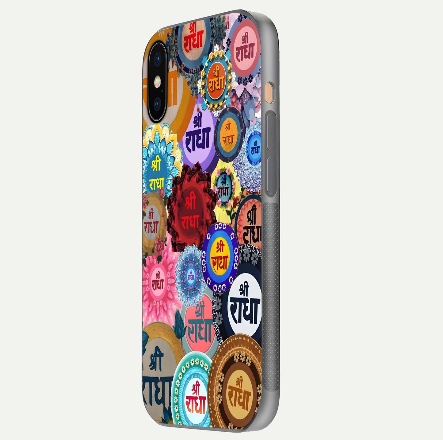 Radha Divine Bloom Glass Case for iPhone Xs side-angle image showing shine, reflection, and floral motif
