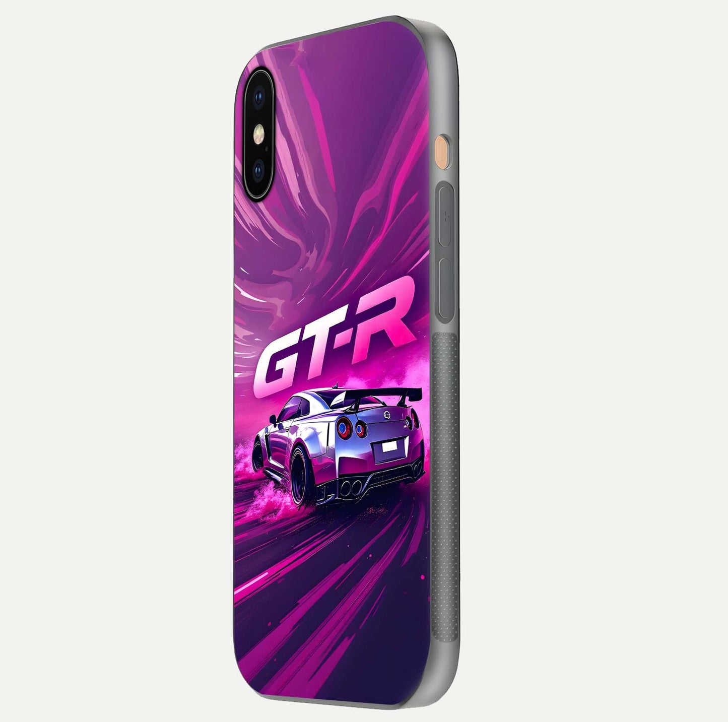 Speed Drift Legend Glass Case for iPhone Xs side-angle image showing car print reflection and surface gloss