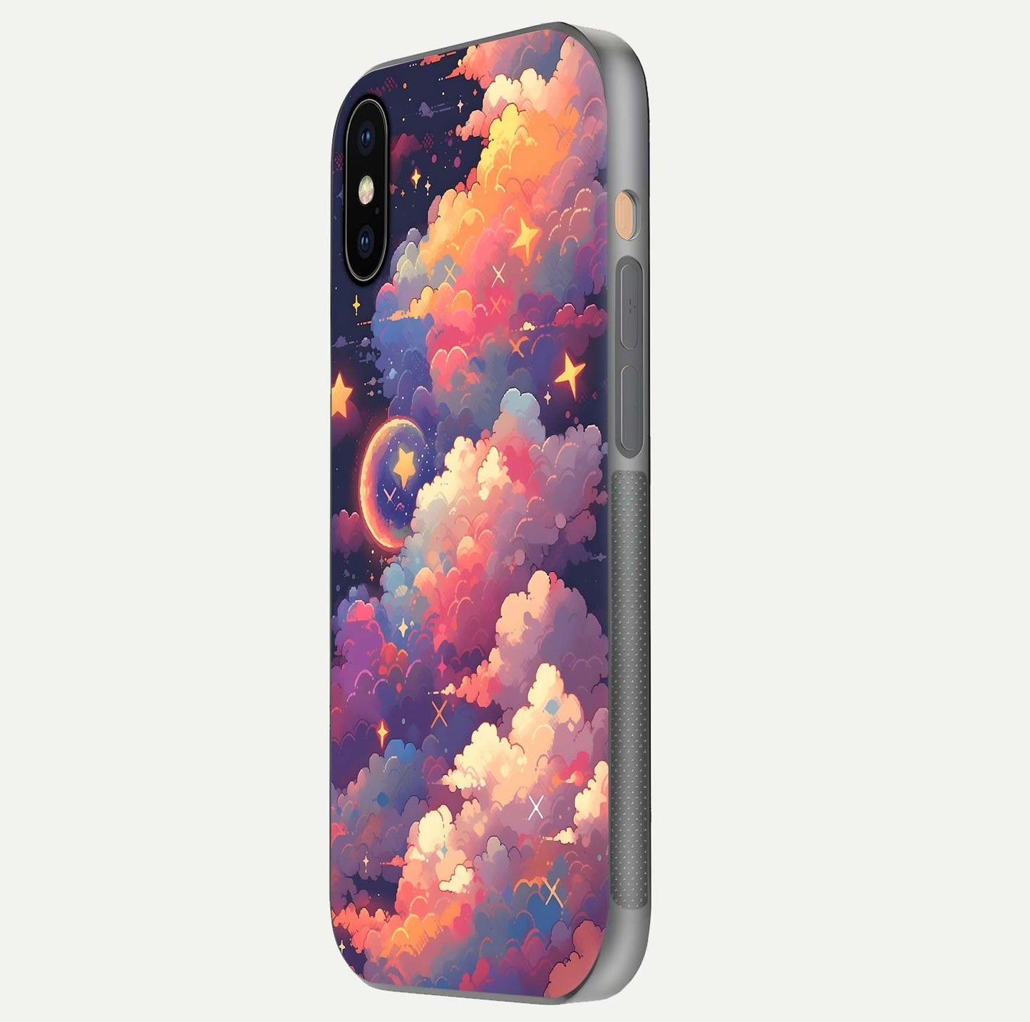 Starlit Dream Clouds Glass Case for iPhone Xs side-angle image showing shine, reflection, and dreamy tones