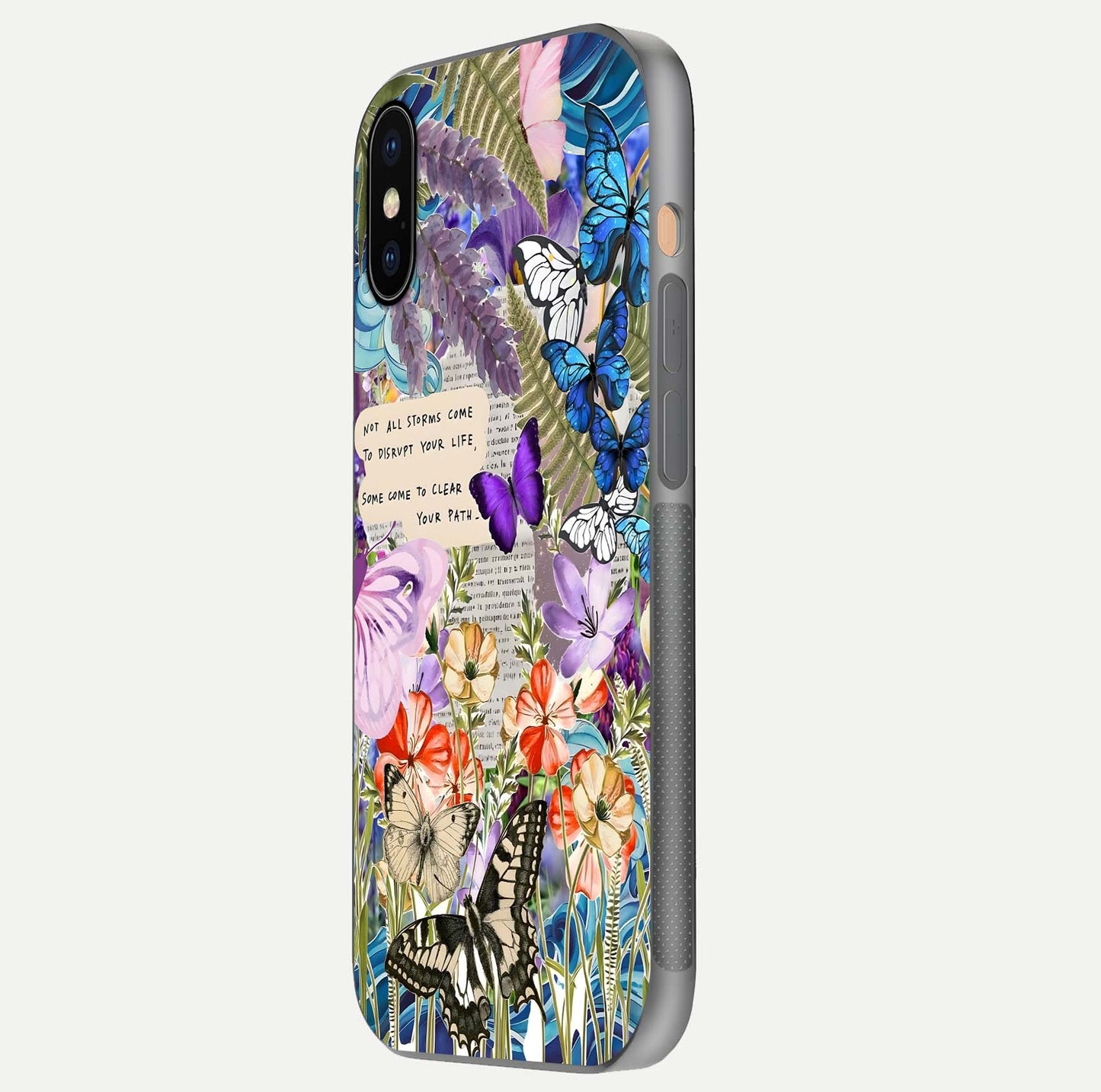 Storm Path Bloom Glass Case for iPhone Xs side-angle image showing reflection, color contrast, and shine