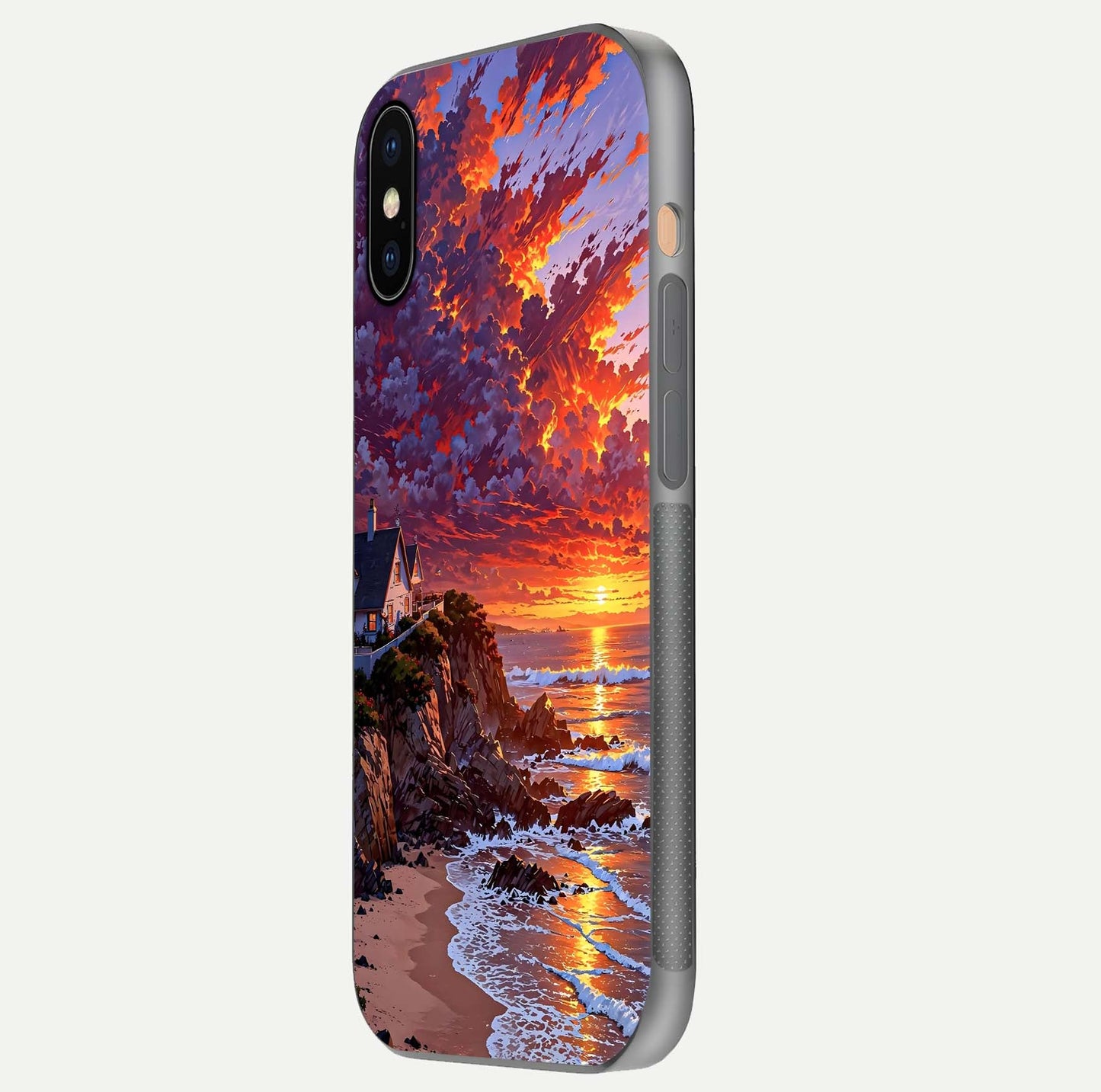 Sunset House by Sea Glass Case for iPhone Xs side-angle image showing reflection and seaside color tone