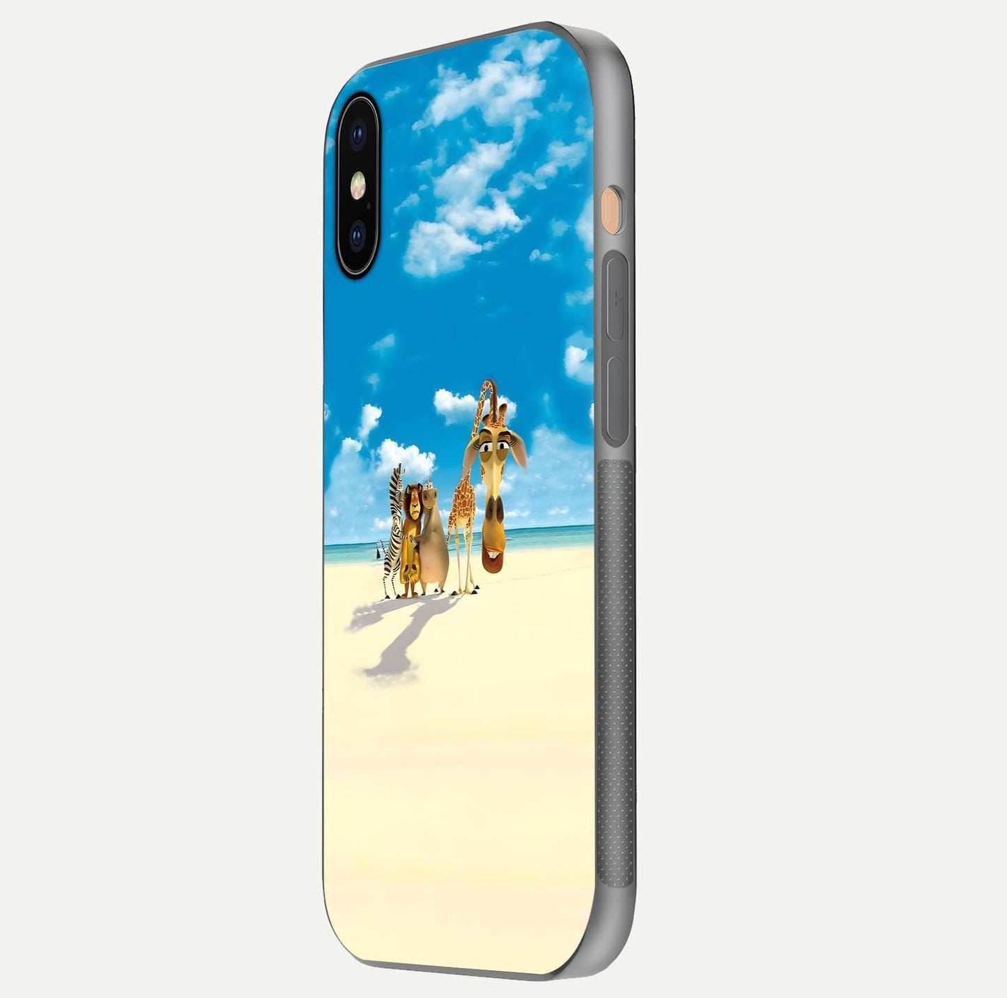 Tropical Fun Squad Glass Case for iPhone Xs side-angle image showing shine, color depth, and surface gloss