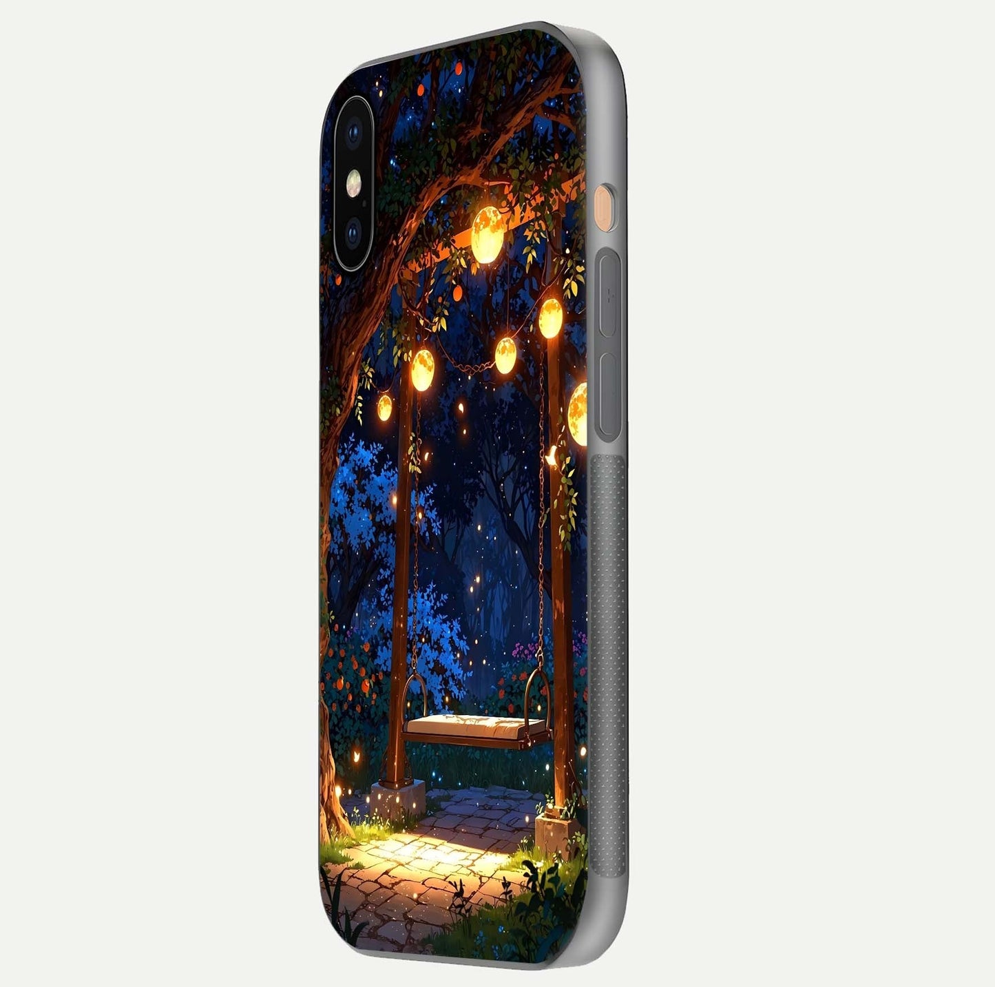 Twilight Garden Swing Glass Case for iPhone Xs side-angle image showing reflection, gloss, and scenic depth