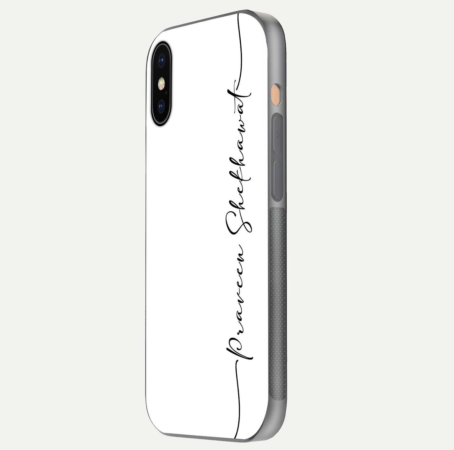White Tune Custom Name Glass Case for iPhone Xs side-angle image showing shine, gloss, and minimal tone