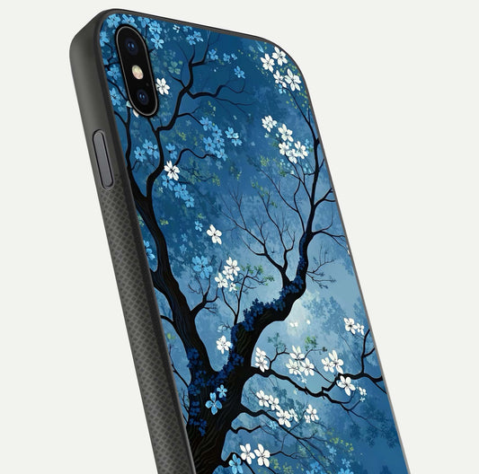 Blue Tree Serenity Glass Case for iPhone Xs Max close-up view highlighting tree branches and reflection gloss