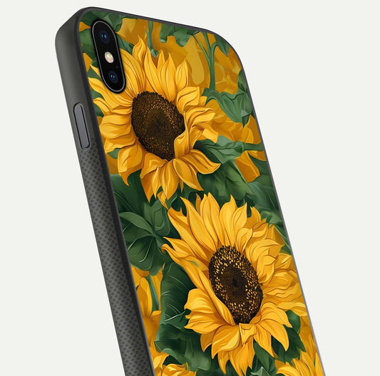 Bright Sunflower Bloom Glass Case for iPhone Xs Max close-up image highlighting yellow petal detail and HD reflection