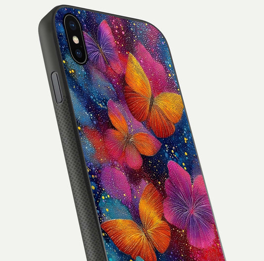 Butterfly Dream Mist Glass Case for iPhone Xs Max close-up capturing wing pattern detail and glossy finish texture
