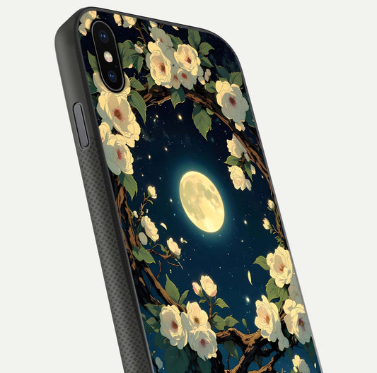 Celestial Moon & Flower Glass Case for iPhone Xs Max close-up capturing petal reflection and moonlight contrast