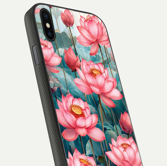 Celestial Pink Lotus Glass Case for iPhone Xs Max close-up highlighting petal detail and HD glass reflection