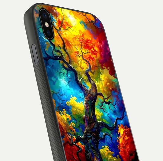 Colorful Tree Glass Case for iPhone Xs Max close-up highlighting leaf detail, gradient colors, and shine