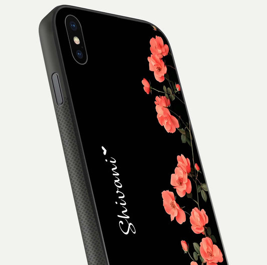 Crimson Bloom Grace Custom Name Glass Case for iPhone Xs Max close-up highlighting flower pattern and reflection texture